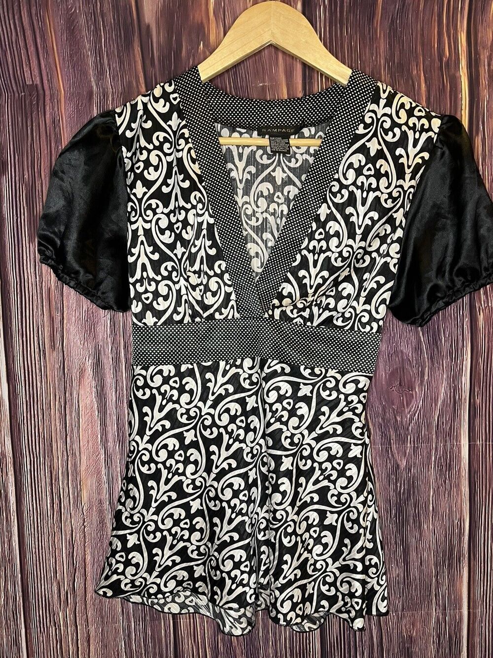 Y2K Vintage Rampage Babydoll Top S Small Black, White Groovy Blouse